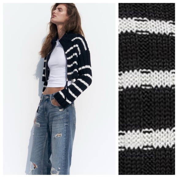 NWT. Zara Navy Blue Striped Knit Cropped High Neck Cardigan. Size S. - Picture 1 of 7
